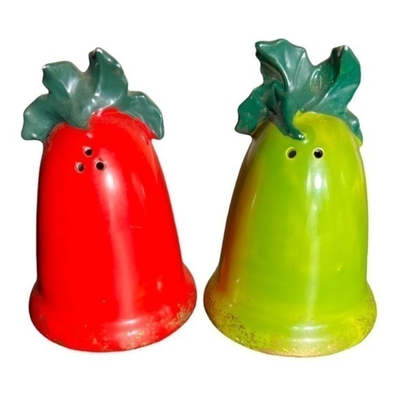 Vtg Red Green Christmas Snowman Bells Holly Salt Pepper Shakers Lefton Japan - Picture 2 of 4